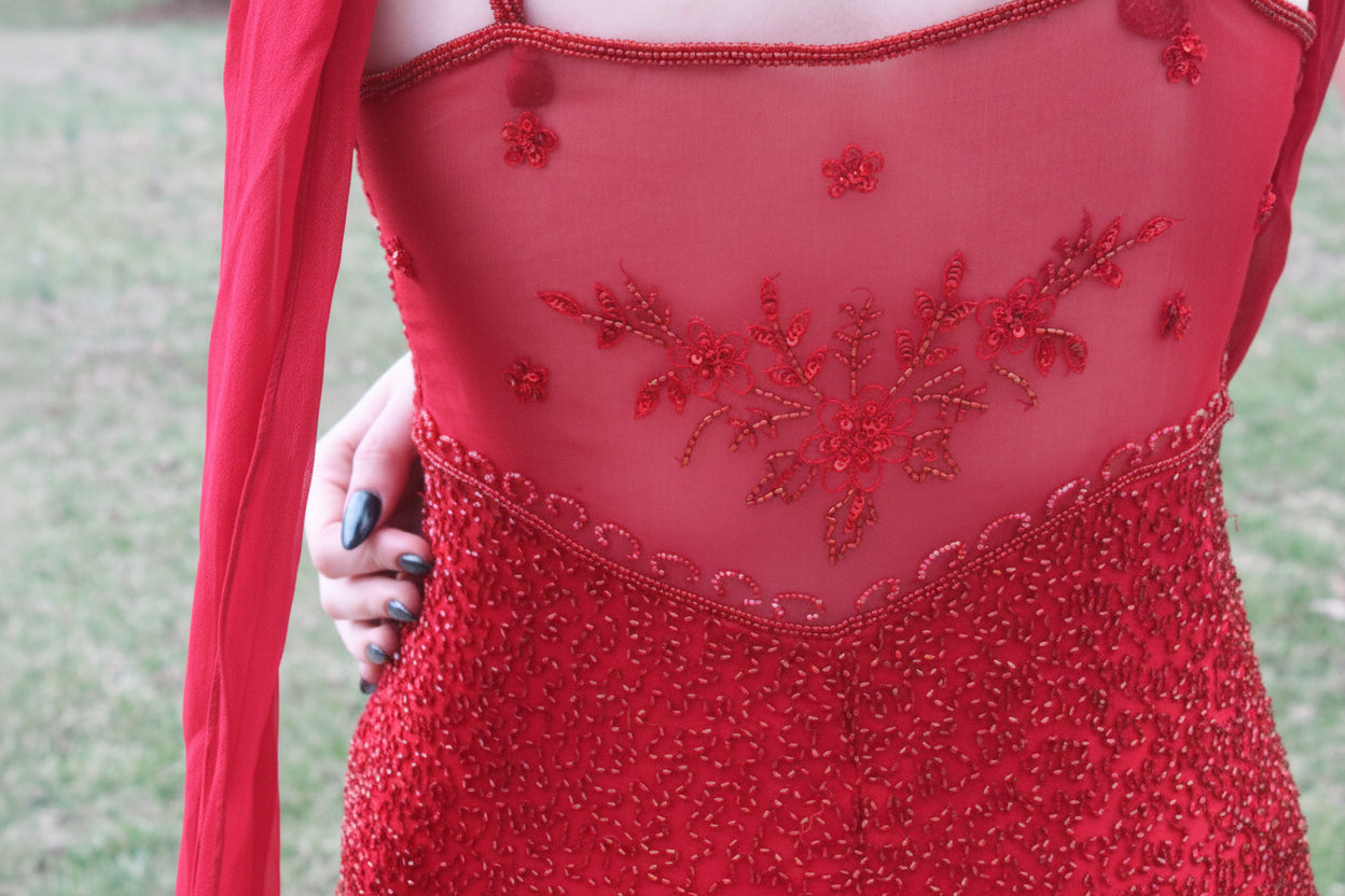 43 Raspberry Floor Length Beaded Gown