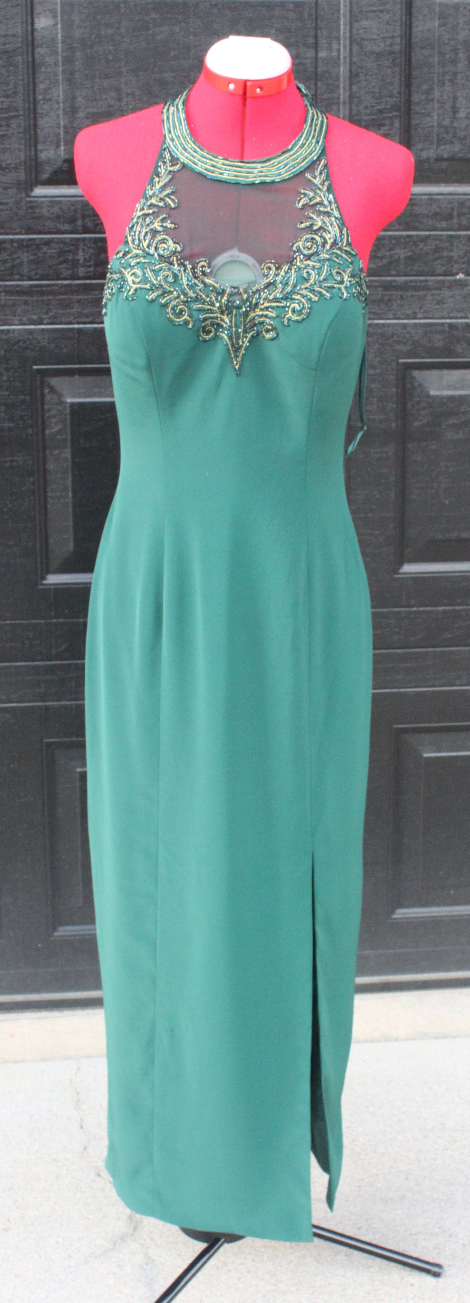 48 Fleur De Lis Beaded Green Halter Gown