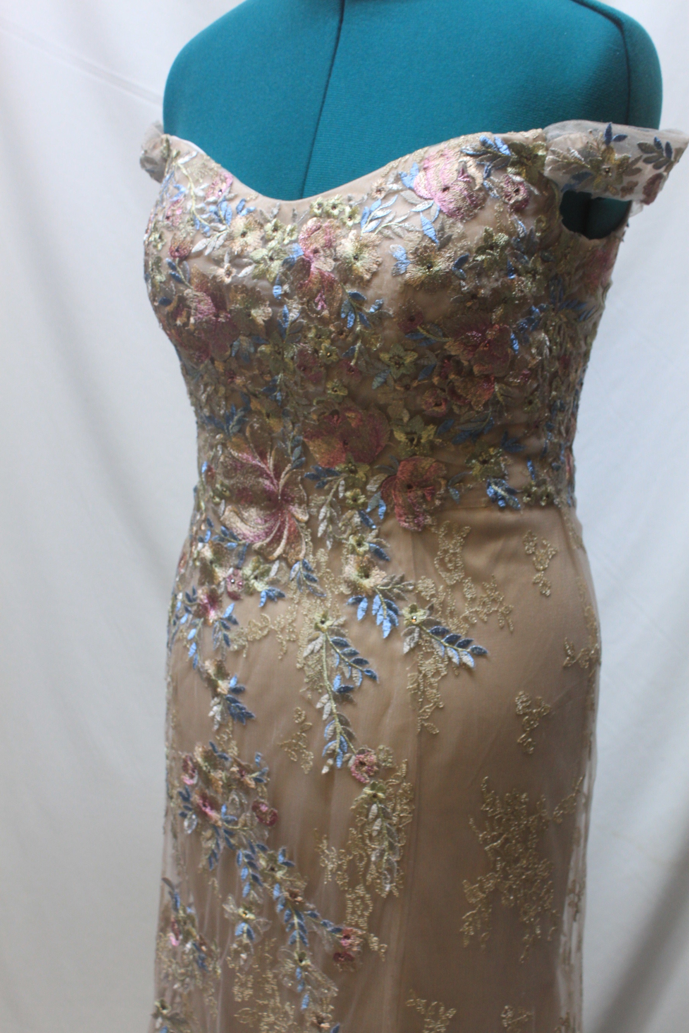 11 Embroidered Lace Beige Floral Gown