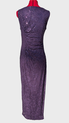 Long plum sequin dress on a mannequin against a white background
