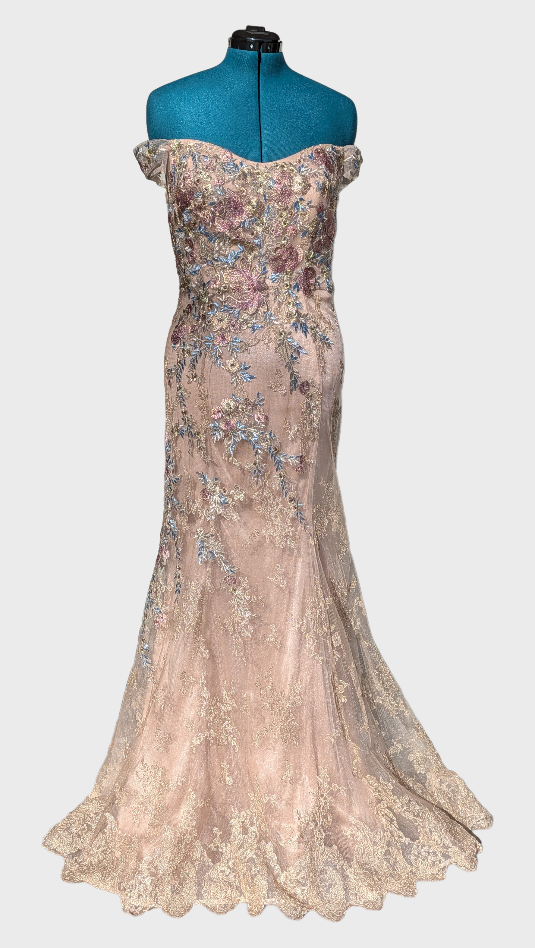 11 Embroidered Lace Beige Floral Gown