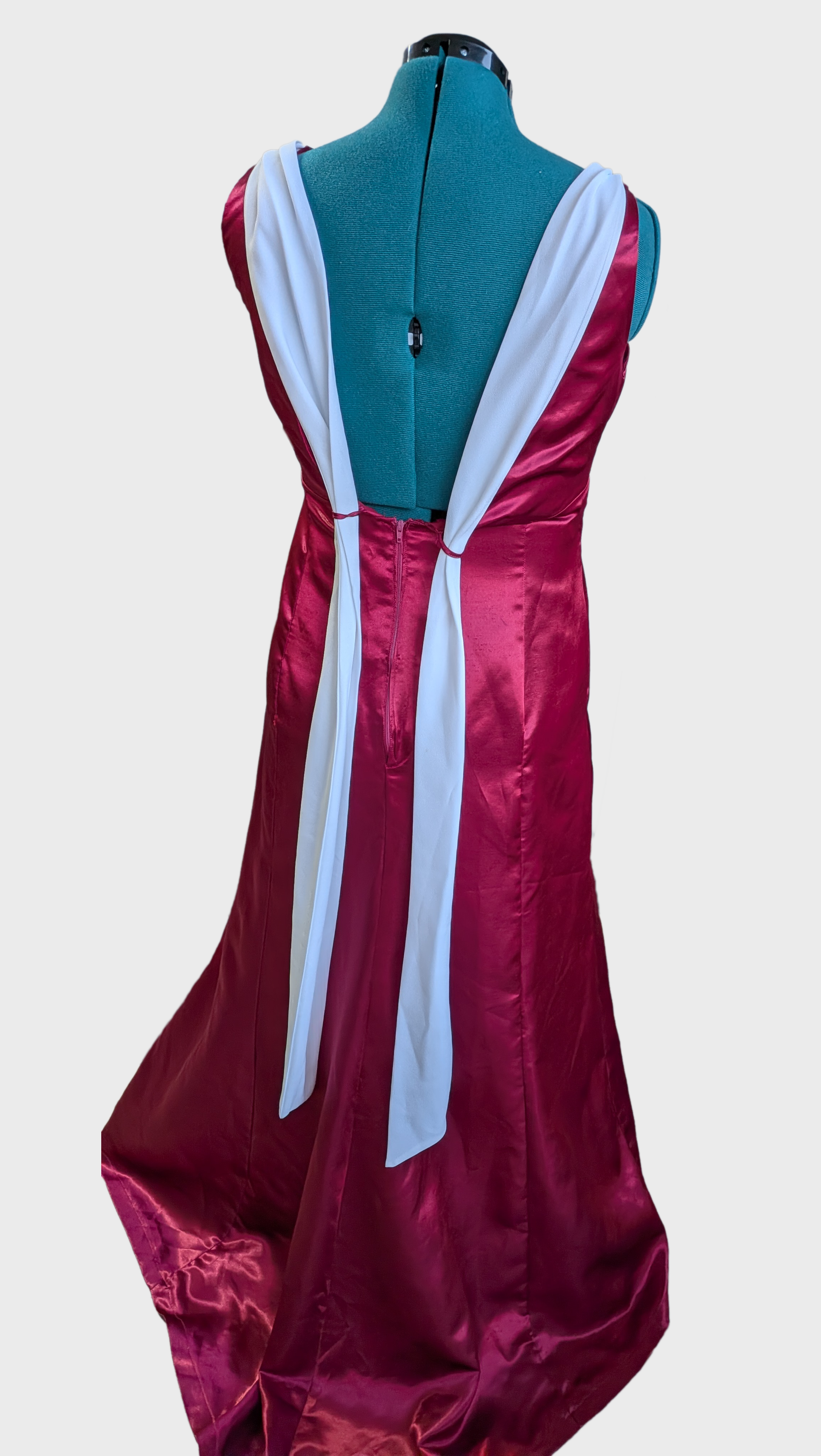 24 Satin Cranberry Dress with White Tie Back Sash