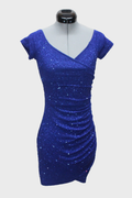 Blue sequin dress on a mannequin against a white background