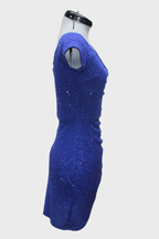 Blue sequin dress on a mannequin against a white background